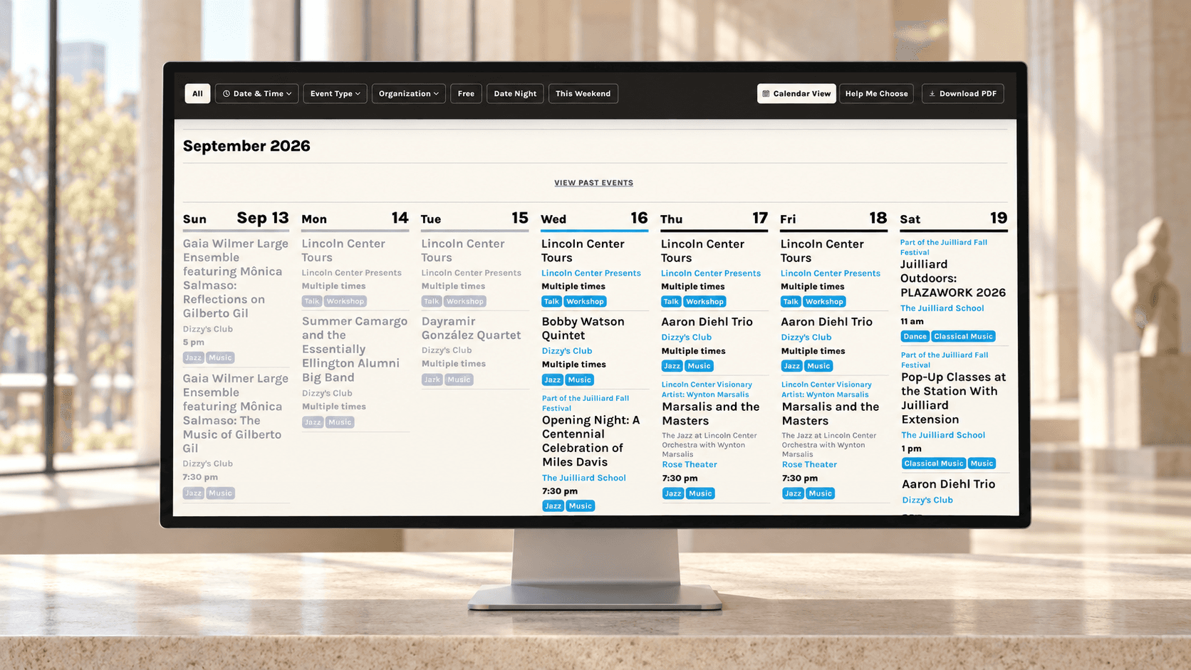 Weekly calendar view shown on a front-facing desktop monitor