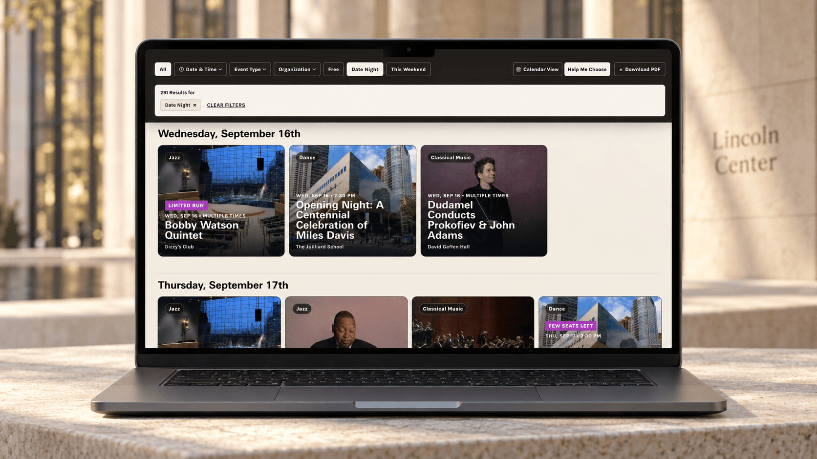 Date Night filtered event discovery shown on a front-facing laptop