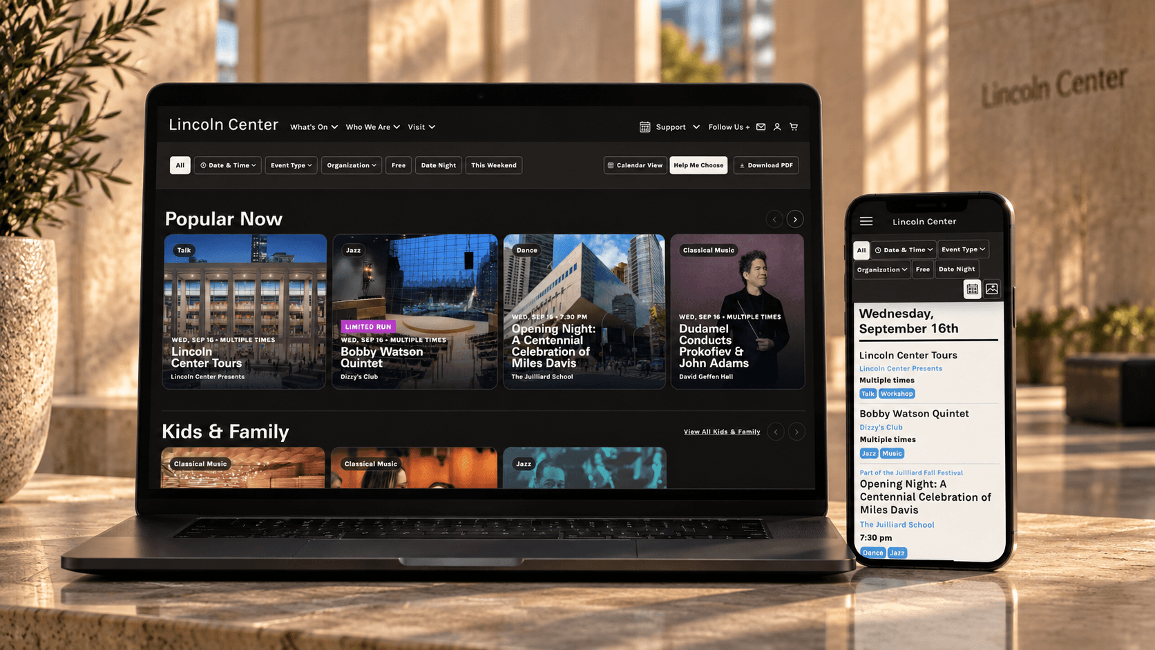 Global Calendar discovery experience shown on a laptop and mobile phone in a warm Lincoln Center–inspired setting