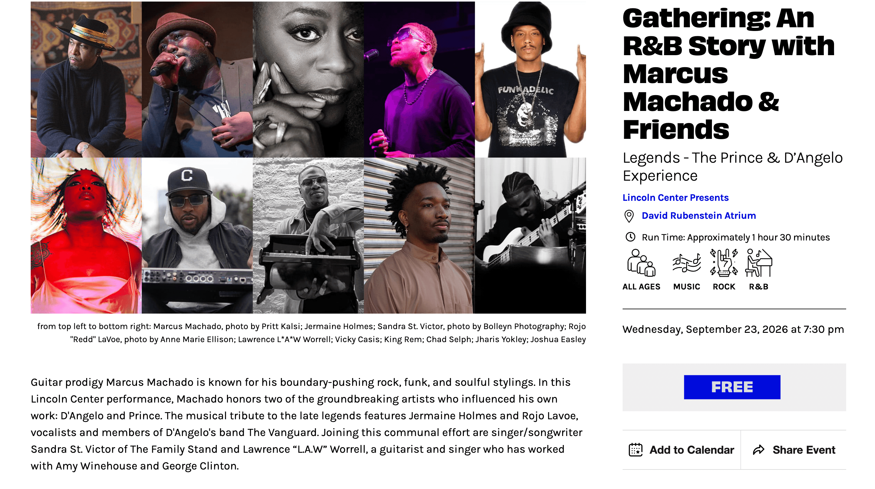 Desktop Lincoln Center event page with Story Share action