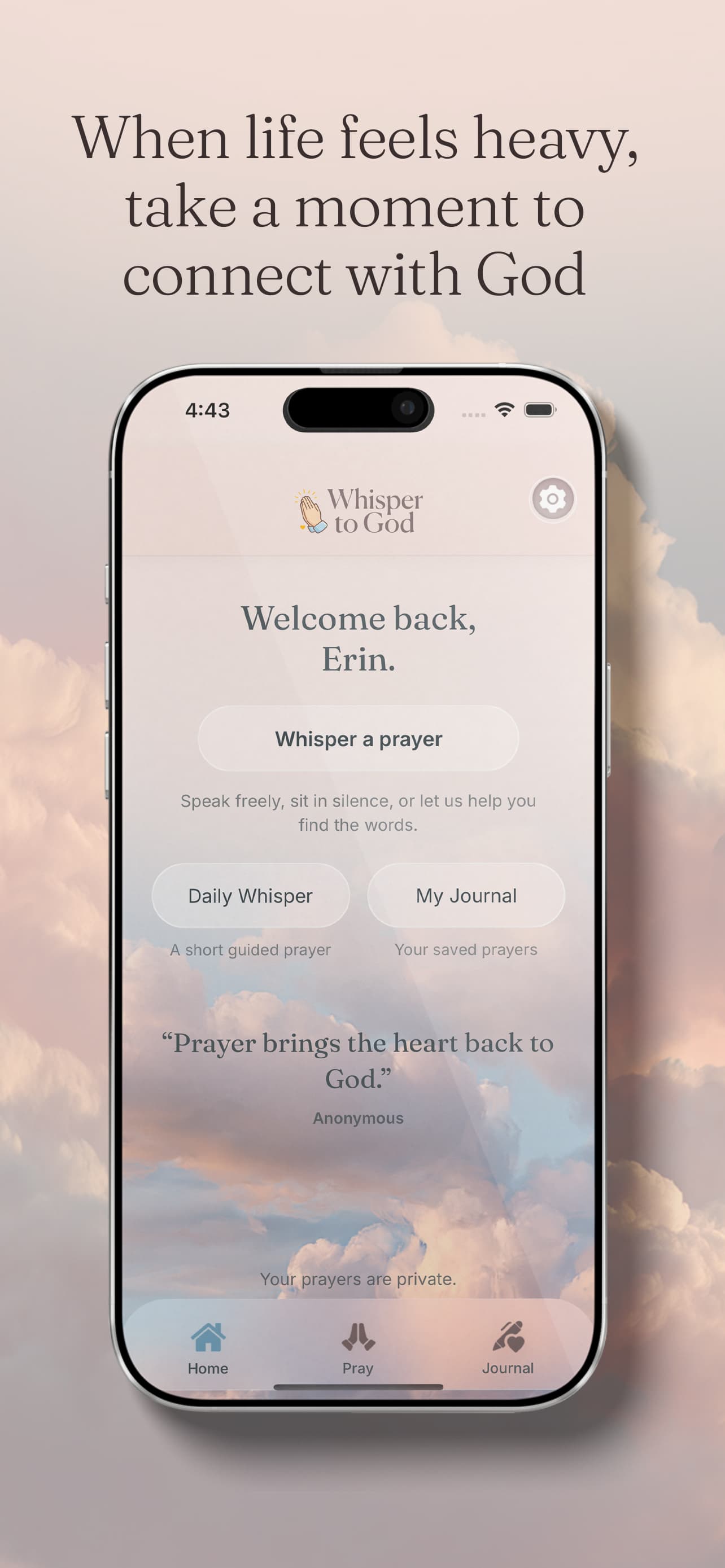 Whisper to God app home screen offering prayer, a daily whisper, and a private journal