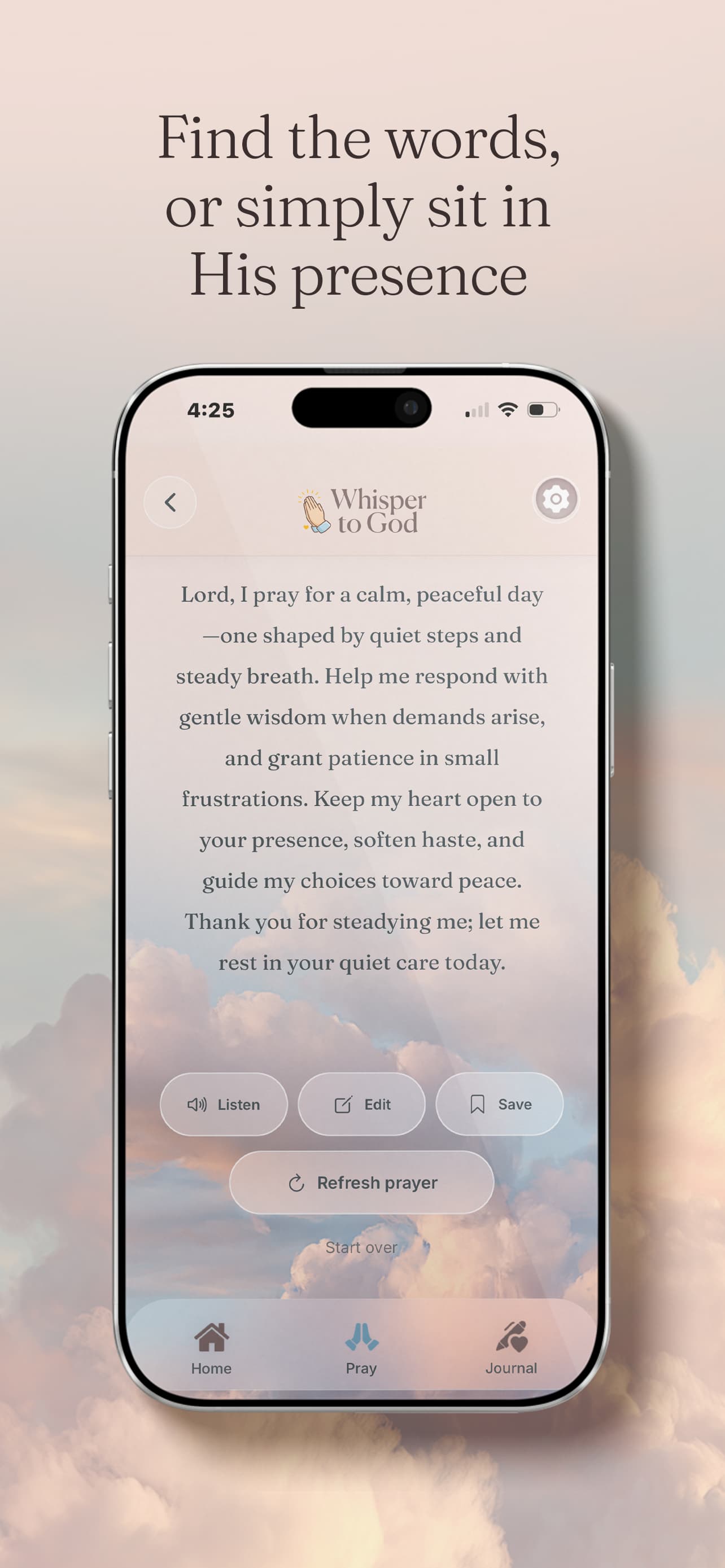 Whisper to God personalized guided prayer with listening, editing, and saving controls