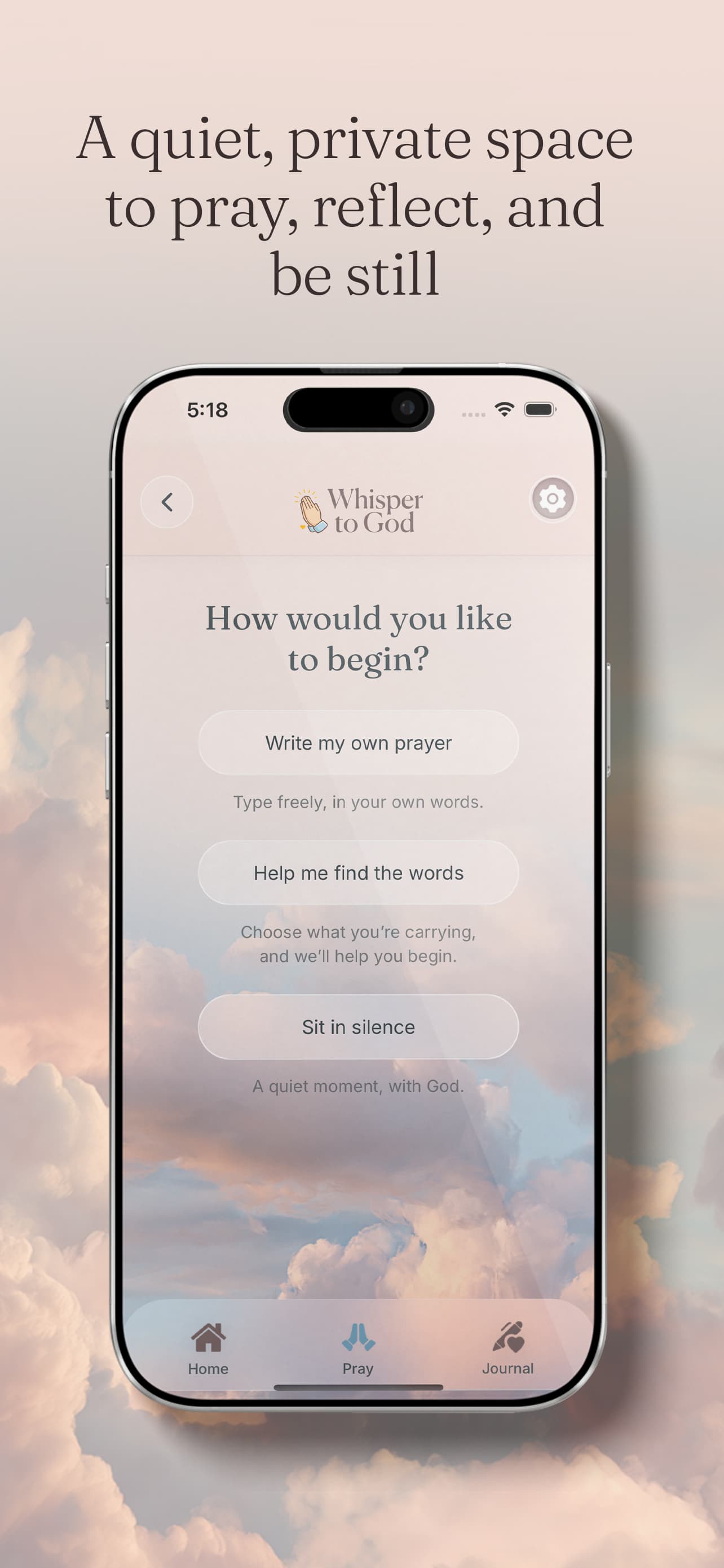 Whisper to God prayer entry screen offering writing, guided words, or silence