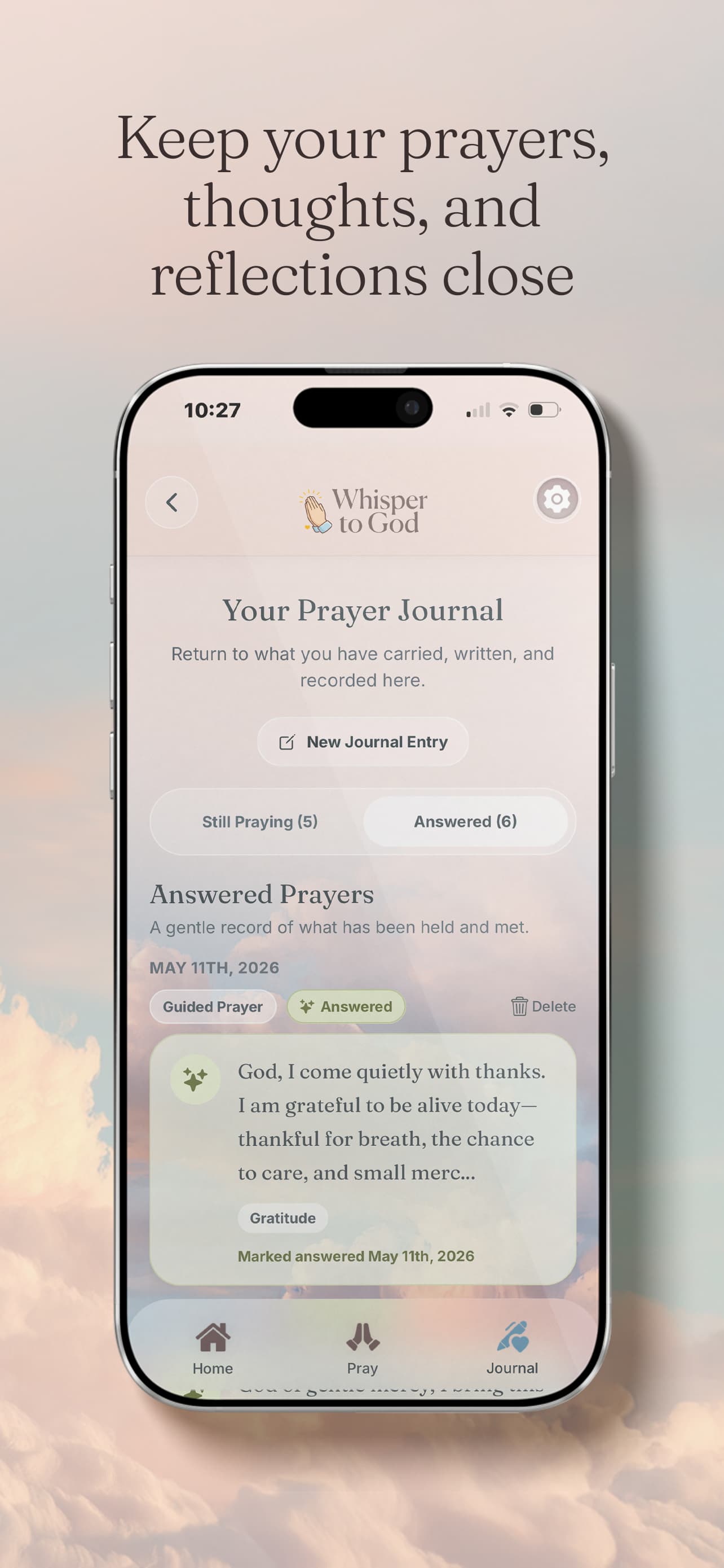 Whisper to God private prayer journal showing answered prayers